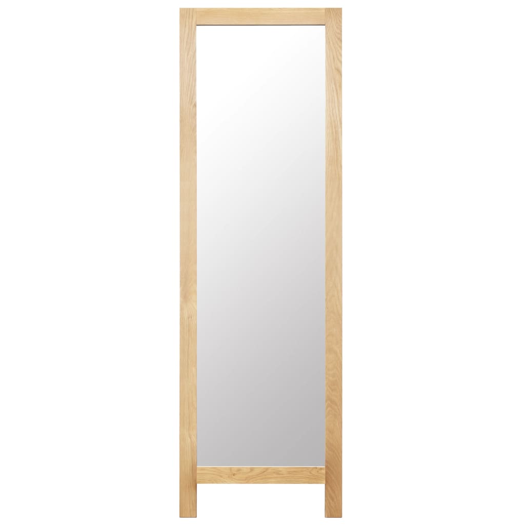 A tall freestanding mirror with a solid oak wood frame, measuring 59 inches high.