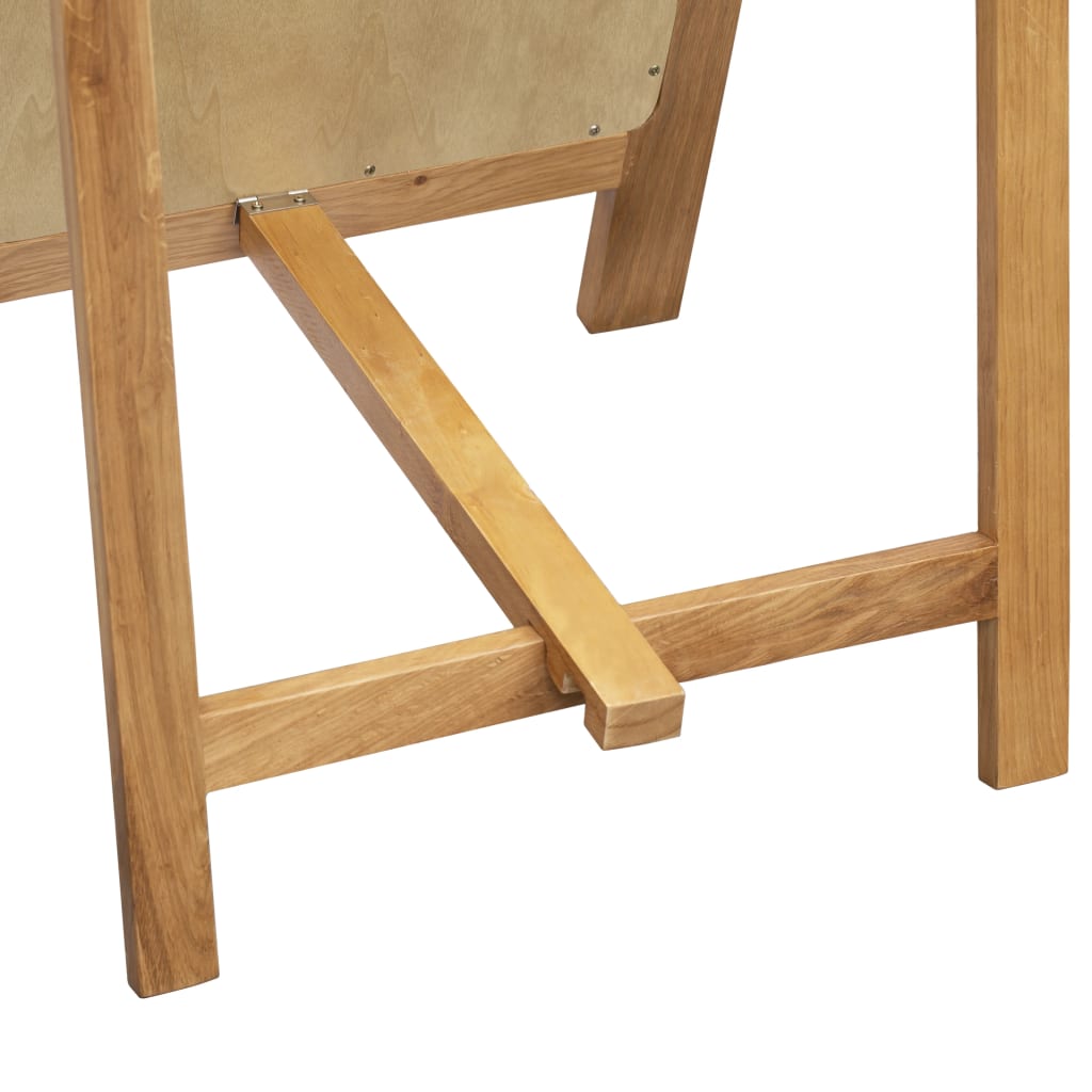 Freestanding solid oak wood mirror with sturdy wooden frame and crossbar support.