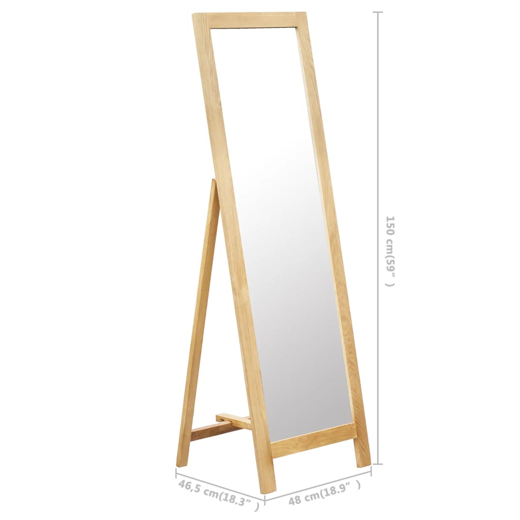 A freestanding oak wood mirror with a rectangular frame, measuring 18.8 x 18.3 x 59 inches.