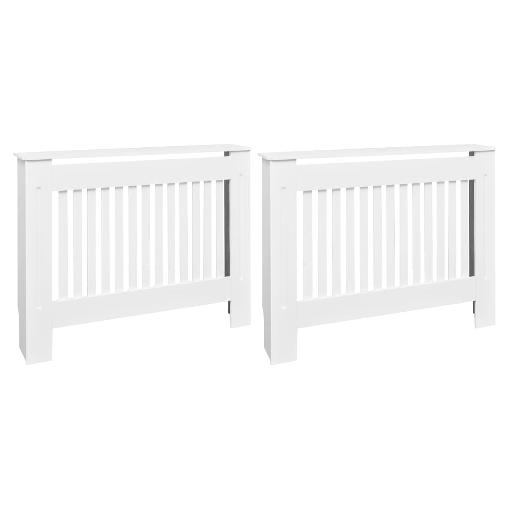 Two white MDF radiator covers, each 44.1 inches wide with slatted fronts.