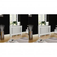 Two white MDF radiator covers, each 44.1 inches wide, shown installed in a room.