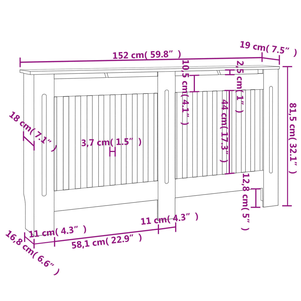 A white radiator cover with dimensions of 152 cm (59.8") wide and 81.5 cm (32.1") high.