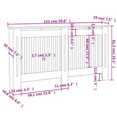 A white radiator cover with dimensions of 152 cm (59.8") wide and 81.5 cm (32.1") high.