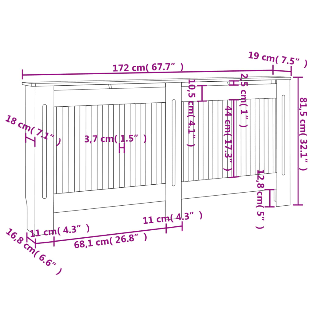 Diagram of white MDF radiator cover showing dimensions: 67.7 inches wide, 18 inches high.