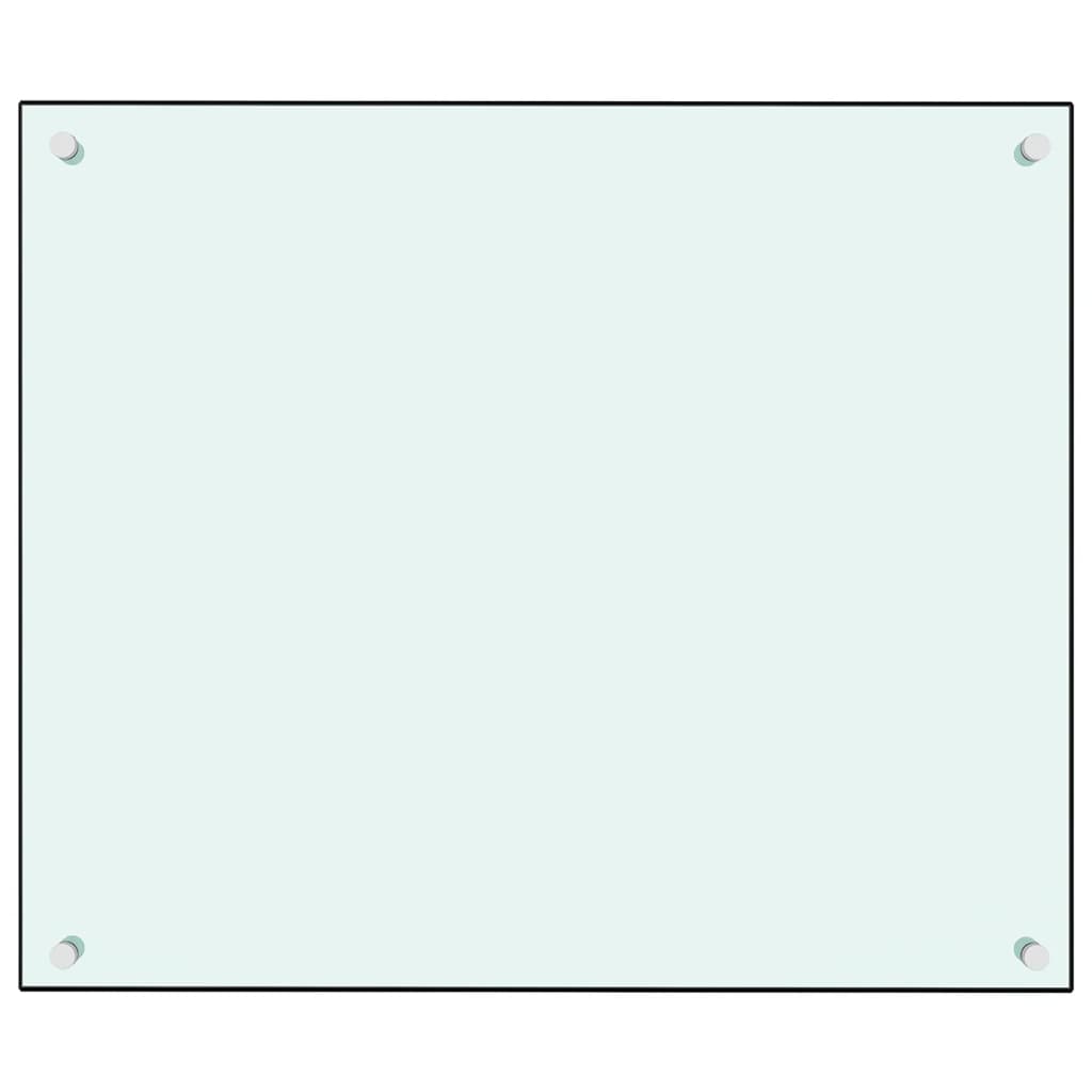 White tempered glass kitchen backsplash panel measuring 27.6 by 23.6 inches with mounting hardware.