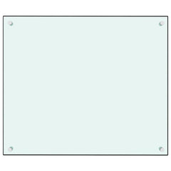 White tempered glass kitchen backsplash panel measuring 27.6 by 23.6 inches with mounting hardware.
