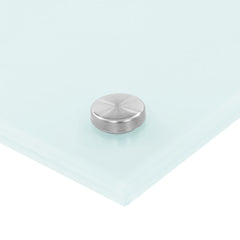 White tempered glass kitchen backsplash panel, 27.6 by 23.6 inches, with silver mounting hardware.