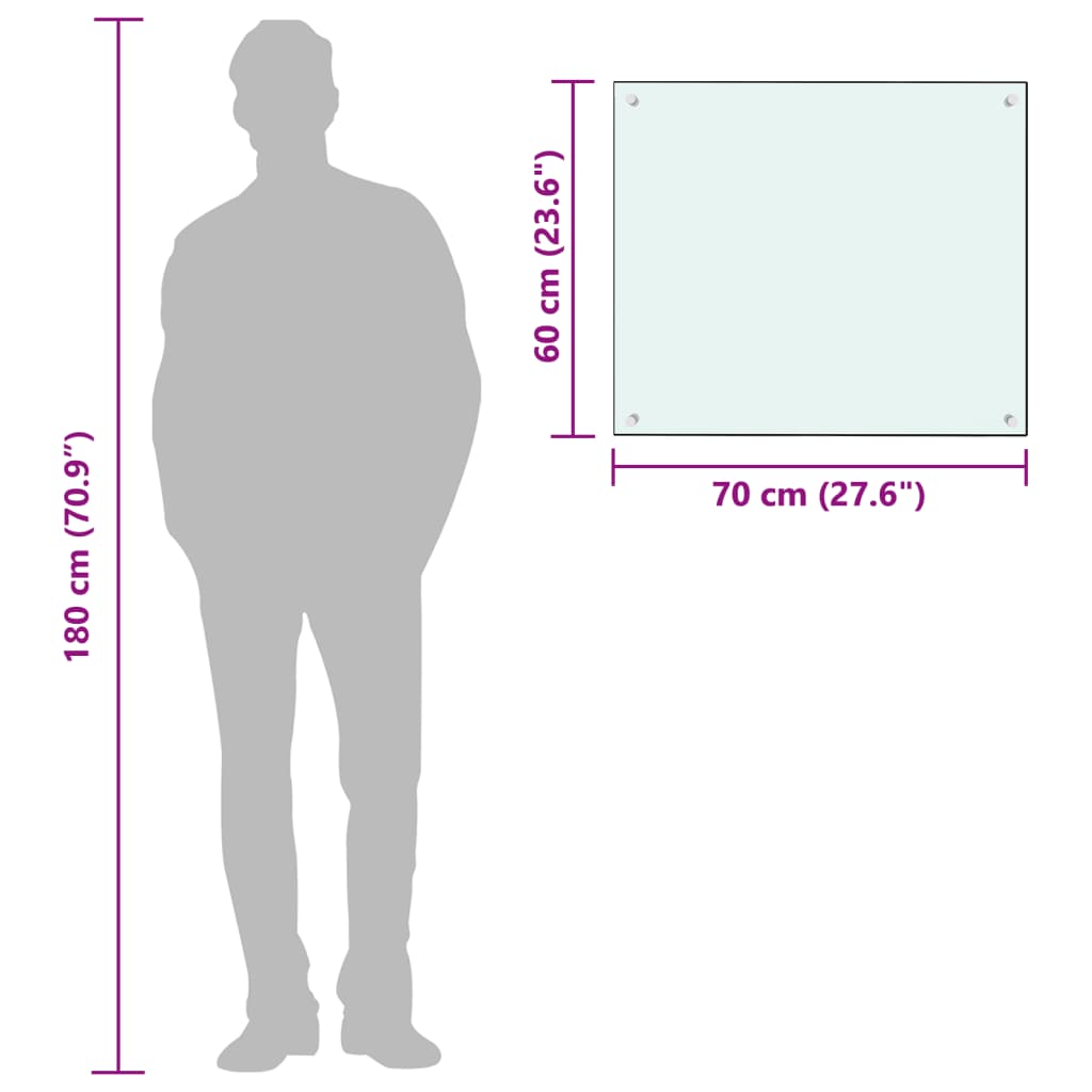 White tempered glass kitchen backsplash measuring 70x60 cm next to a 180 cm tall figure.