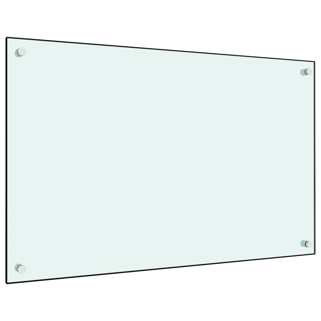 White tempered glass kitchen backsplash measuring 31.5 by 19.7 inches with corner mounting holes.