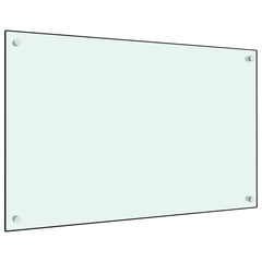 White tempered glass kitchen backsplash measuring 31.5 by 19.7 inches with corner mounting holes.