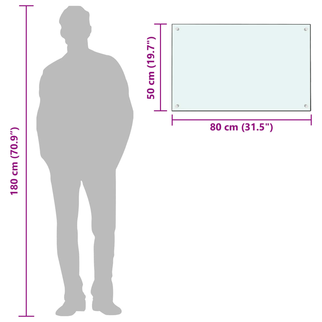 White tempered glass kitchen backsplash measuring 31.5 inches by 19.7 inches, shown with size diagram.