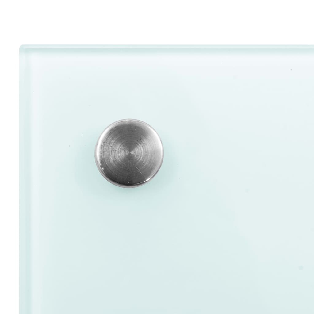 White tempered glass kitchen backsplash panel with metal mounting hardware, 35.4x23.6 inches.