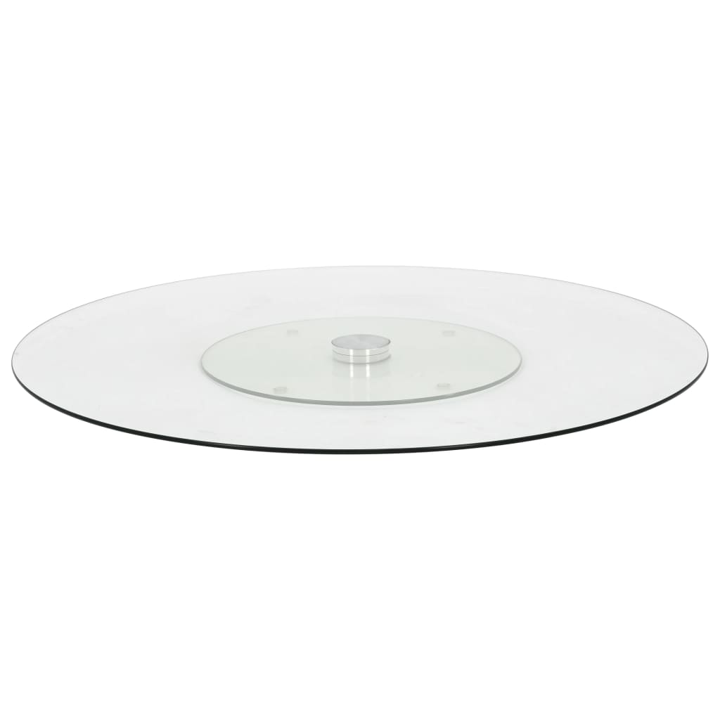 Transparent tempered glass serving plate with a 23.6-inch diameter and rotating base.