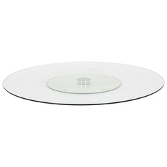 Transparent tempered glass serving plate with a 23.6-inch diameter and rotating base.