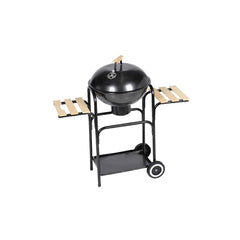 Black charcoal kettle barbecue grill with wooden side tables, lower shelf, and wheels.