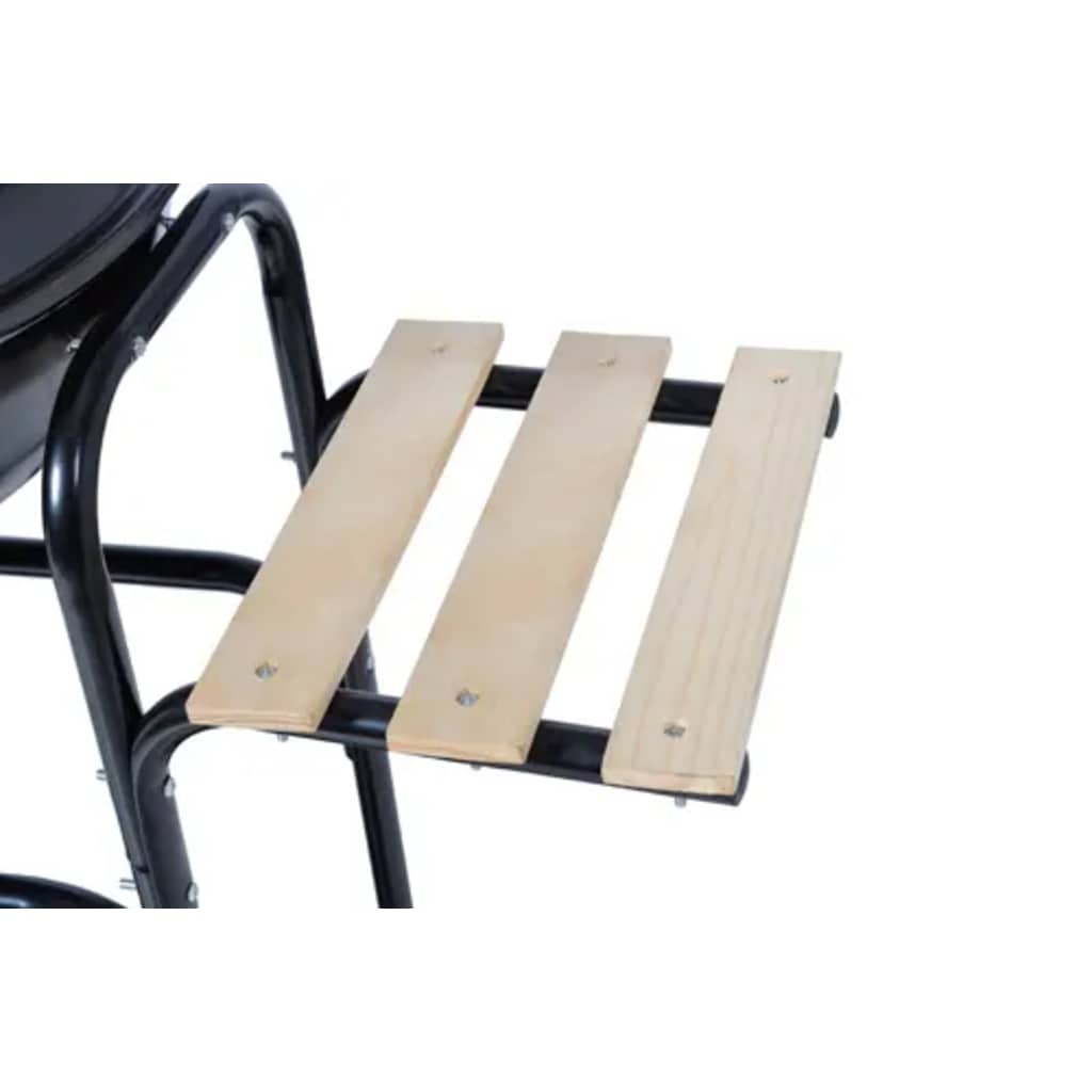 Side wooden shelf with three slats on black metal frame of charcoal kettle barbecue.