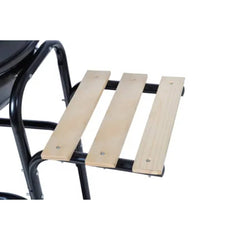 Side wooden shelf with three slats on black metal frame of charcoal kettle barbecue.