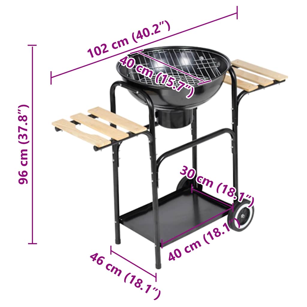 Black steel charcoal kettle grill with wooden side tables, lower shelf, and two wheels.