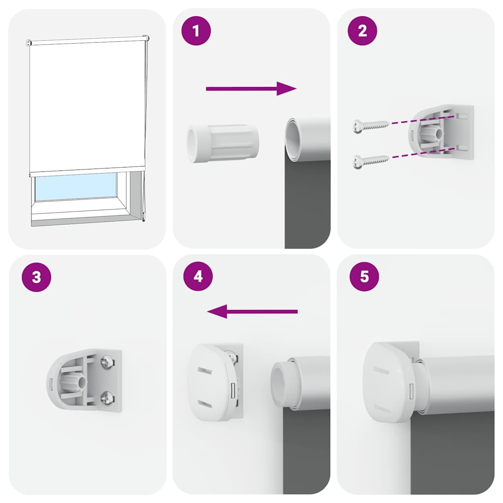 Step-by-step installation diagram for a gray blackout roller blind, showing bracket mounting and chain attachment.