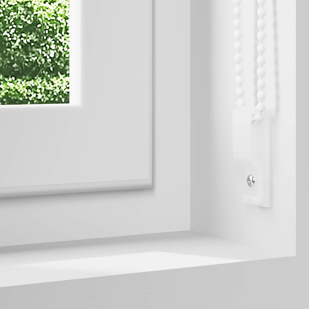 Gray blackout roller blind, 31.5x68.9 inches, with white bead chain, installed on white window frame.