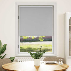 Gray blackout roller blind installed on a window in a light-filled living room with plants and a wooden table.