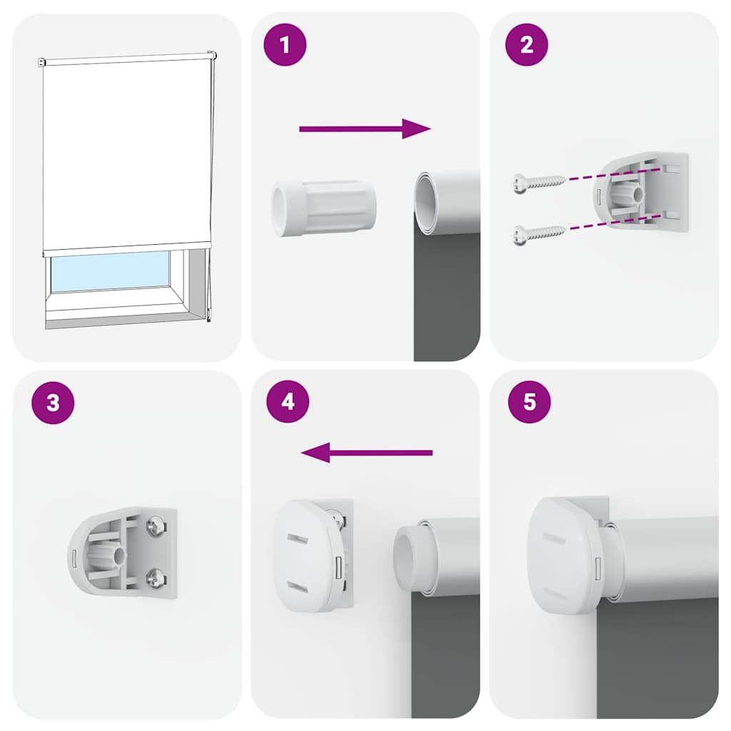 Step-by-step installation guide for black Bostome blackout roller blind with brackets and chain.