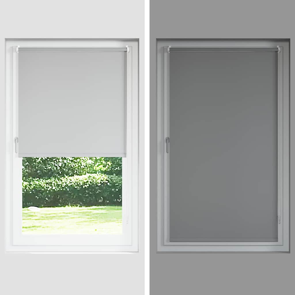 A white roller blind partially open and a gray roller blind fully closed.