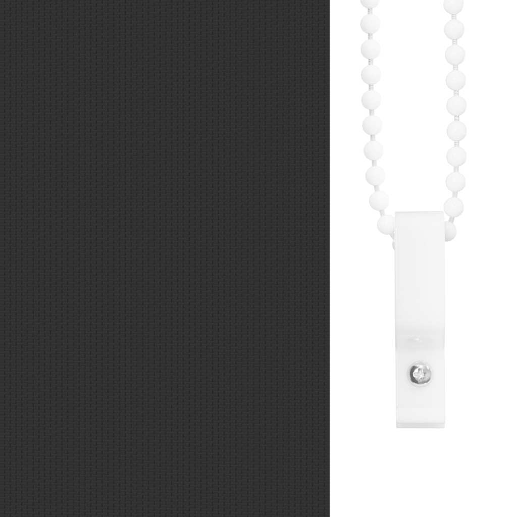 Blackout roller blind in black with a white beaded chain and bottom weight.