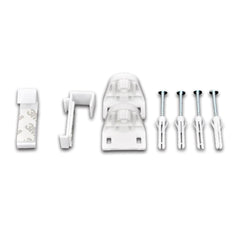 White mounting brackets and screws for Bostome Blackout Roller Blind installation kit.