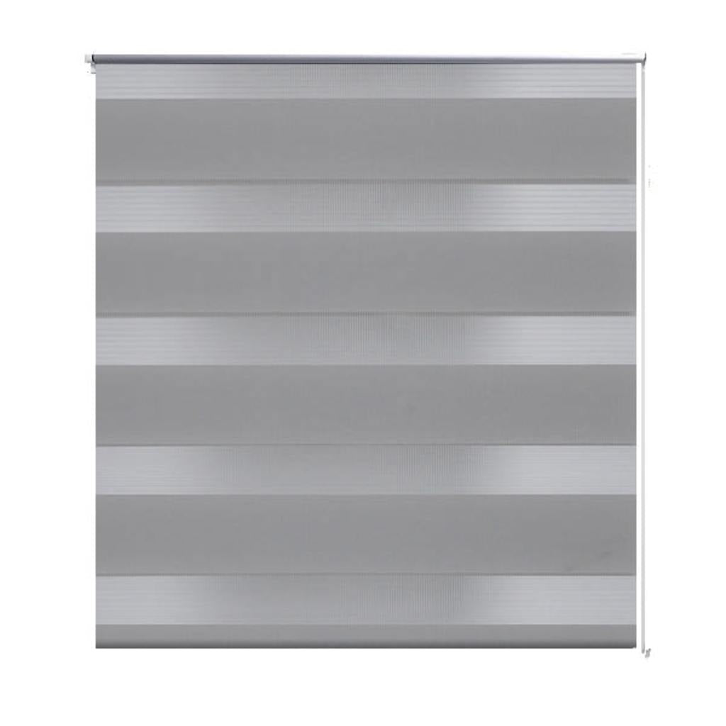 Gray zebra roller blind with alternating opaque and transparent horizontal stripes, 23.6 x 47.2 inches.