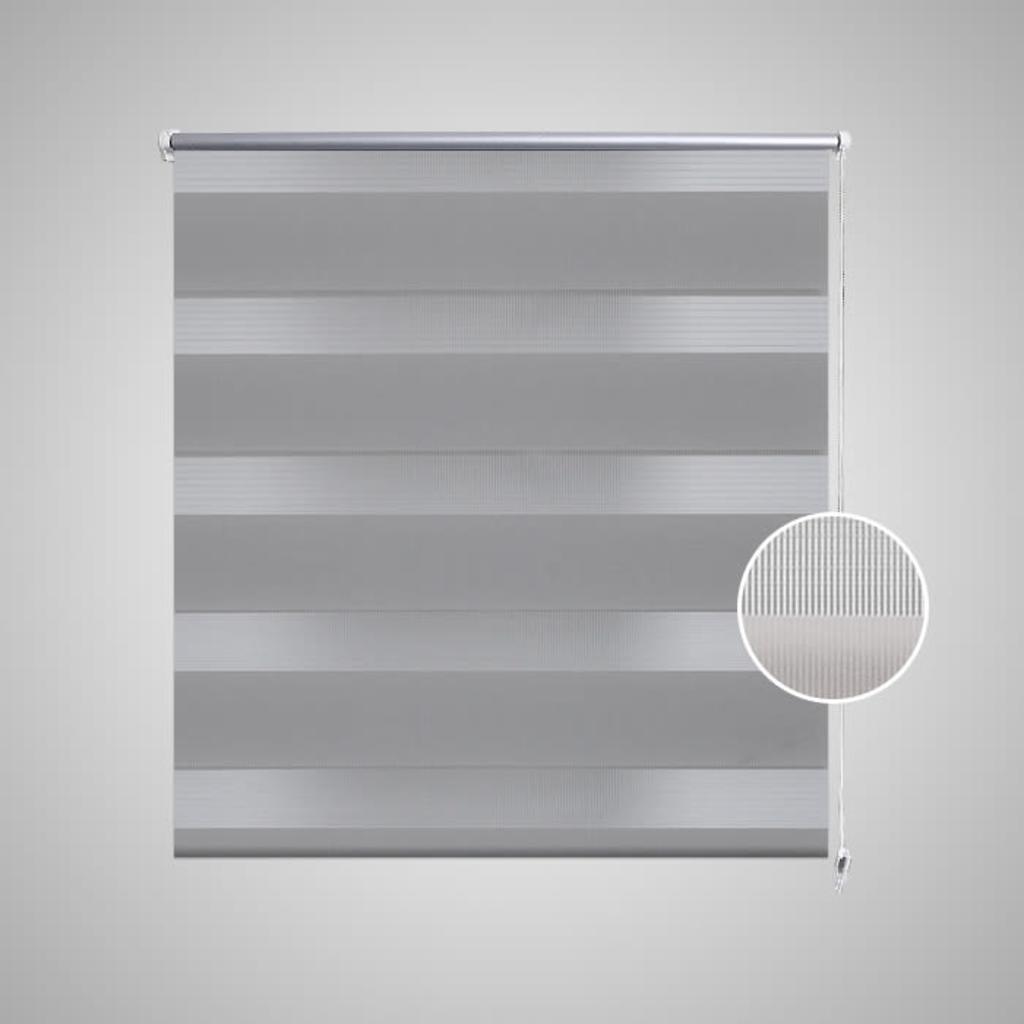 Gray zebra roller blind with alternating opaque and sheer stripes, 23.6 x 47.2 inches.