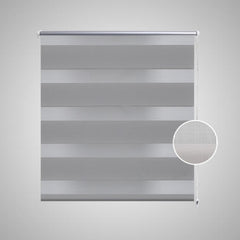 Gray zebra roller blind with alternating opaque and sheer stripes, 23.6 x 47.2 inches.