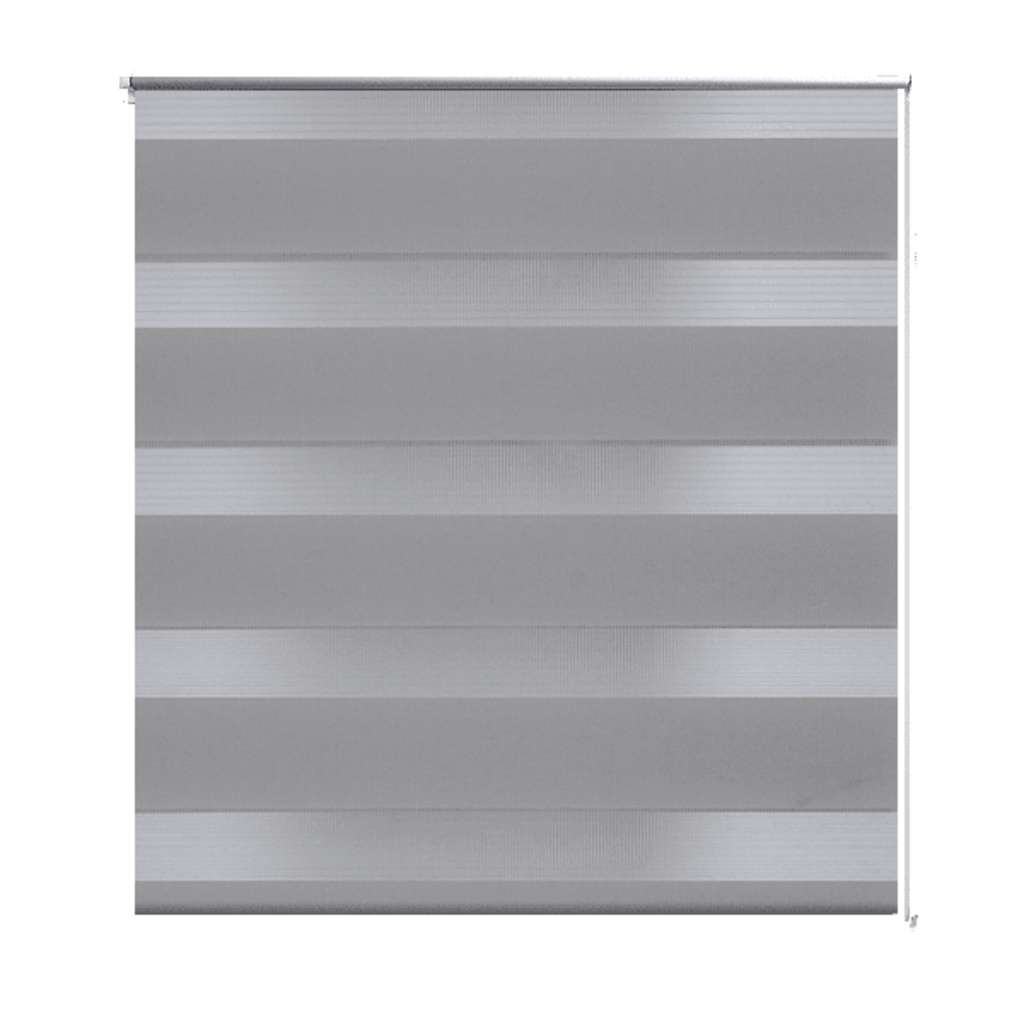 Gray zebra roller blind in polyester fabric, sized 31.5x59.1 inches.