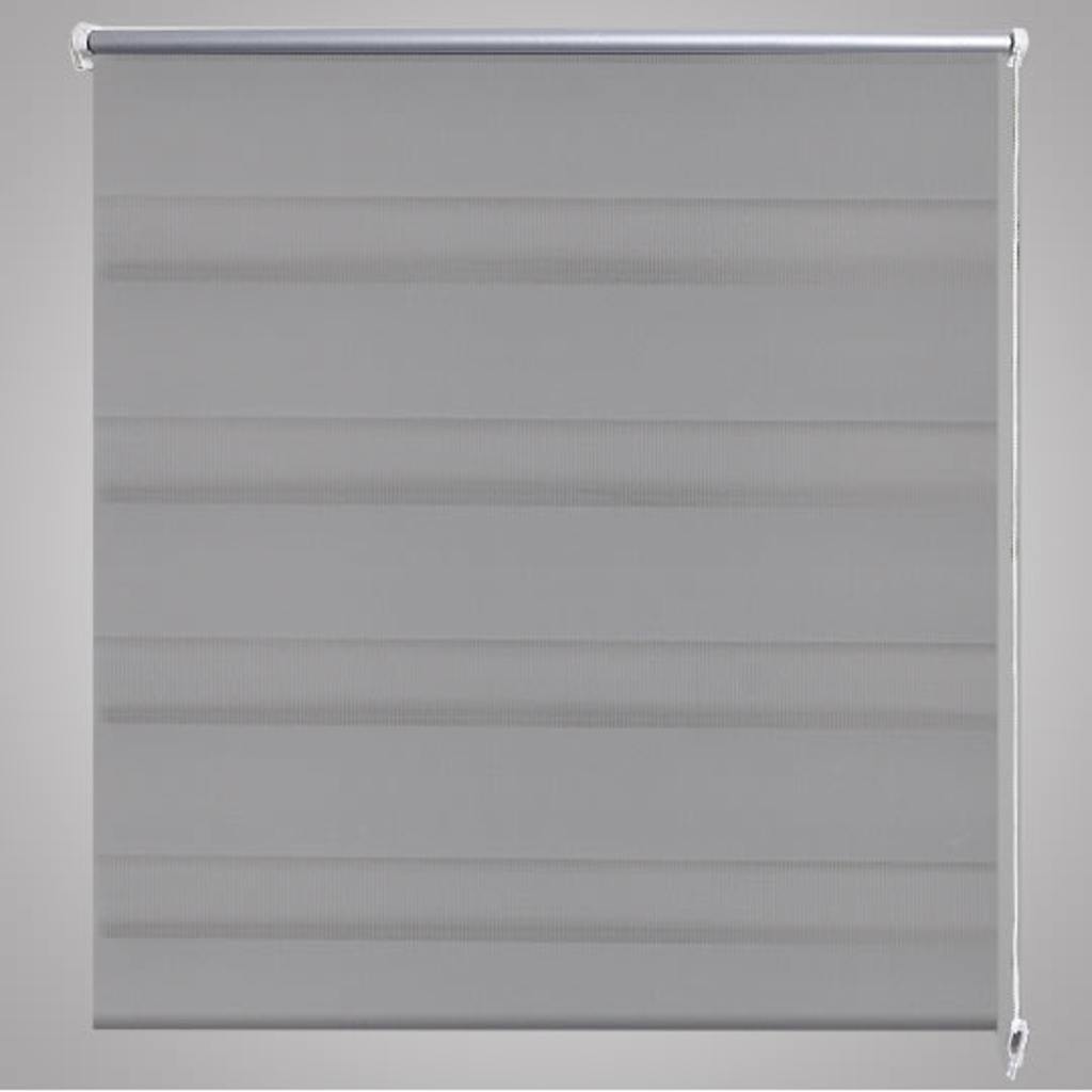 Gray zebra roller blind in polyester fabric, sized 31.5x59.1 inches.