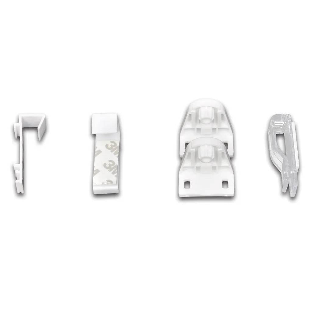 White plastic mounting brackets and clips for Bostome Gray Zebra Roller Blind installation.