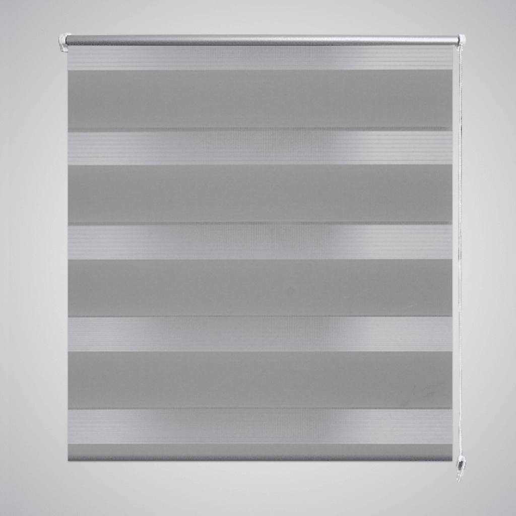 Gray zebra roller blind in polyester fabric, sized 31.5x59.1 inches.