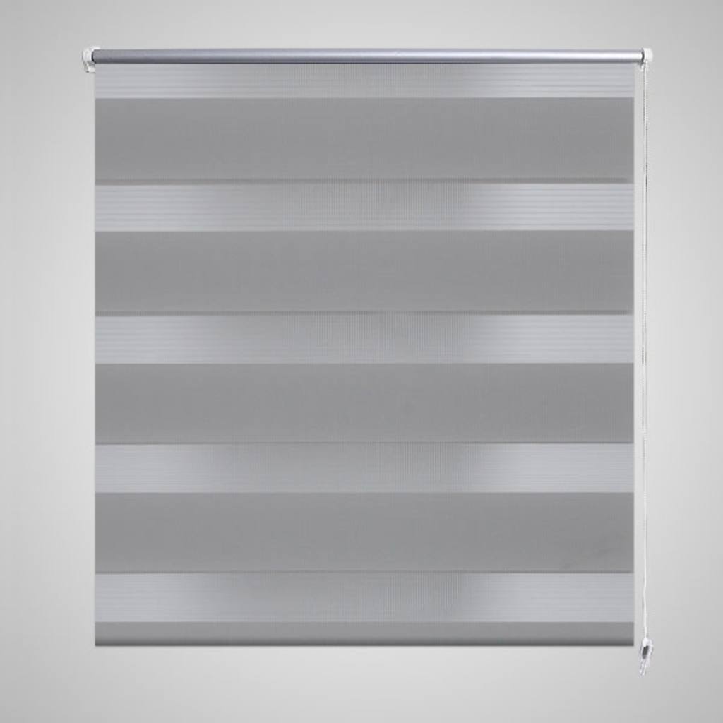 Gray zebra roller blind with alternating sheer and opaque polyester stripes.