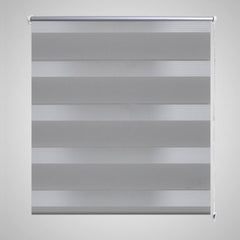 Gray zebra roller blind with alternating sheer and opaque polyester stripes.