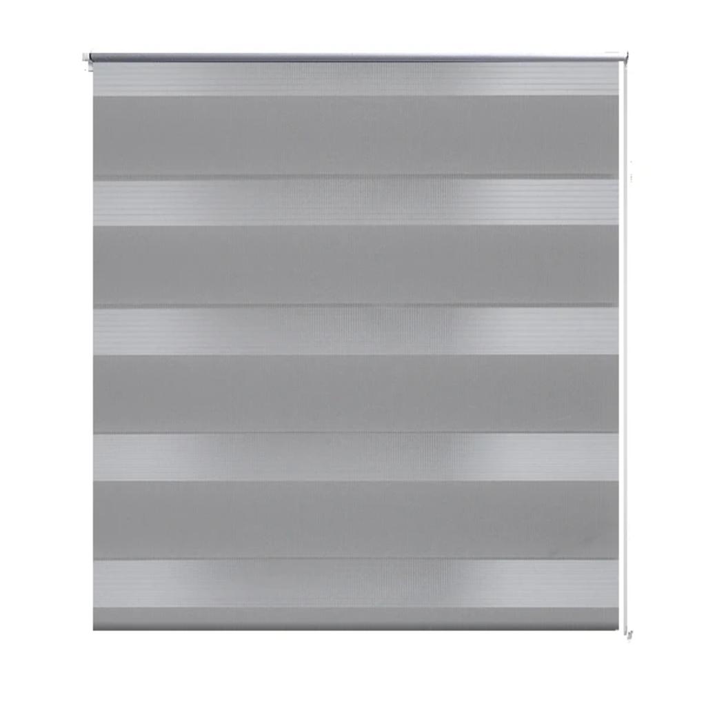 Gray polyester zebra roller blind with alternating sheer and opaque stripes, sized 35.4x59.1 inches.