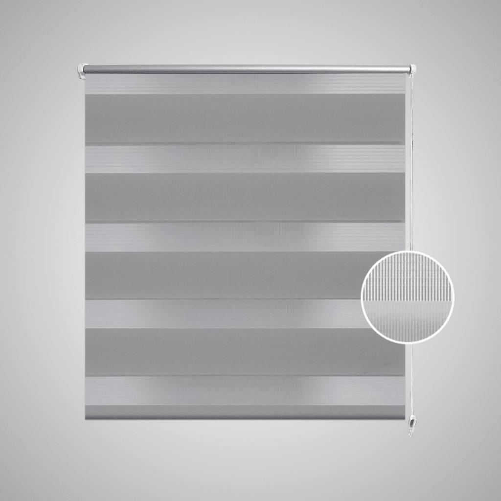 Gray polyester zebra roller blind with alternating sheer and opaque stripes, sized 35.4x59.1 inches.
