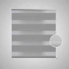 Gray polyester zebra roller blind with alternating sheer and opaque stripes, sized 35.4x59.1 inches.