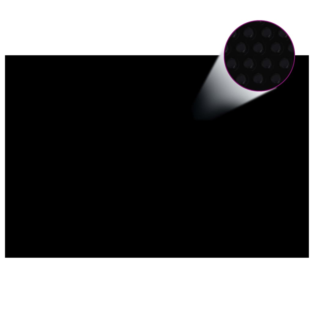 Black rectangular PE solar pool cover, 19.8 x 13.1 ft, with bubble surface.