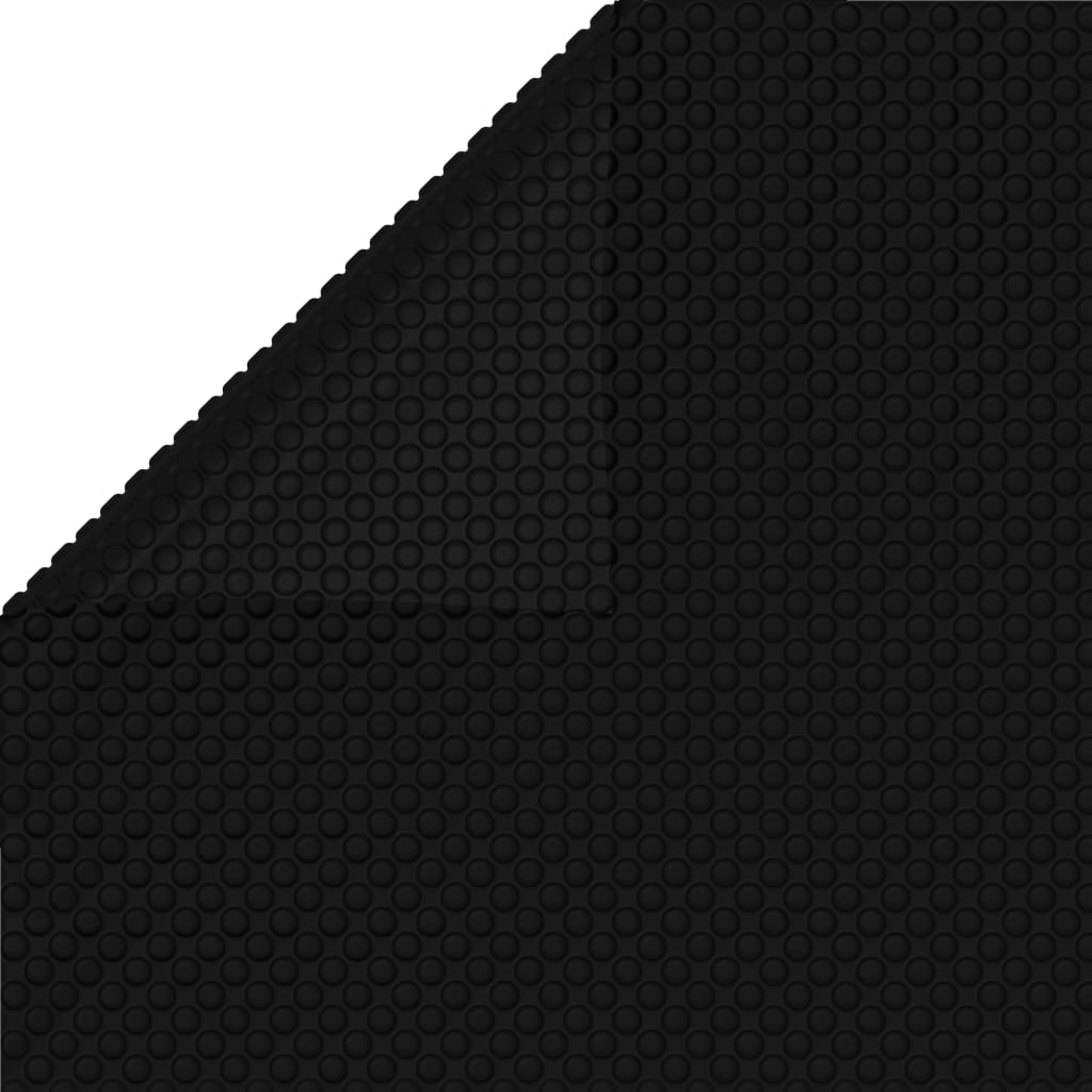 Black rectangular solar pool film measuring 26.3 x 16.5 ft with air chambers for heat retention.