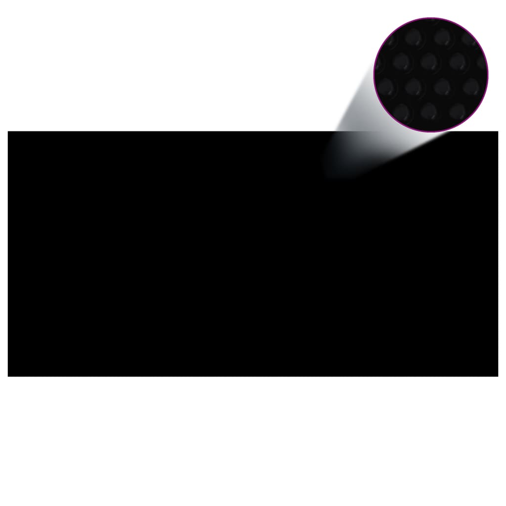Black rectangular solar pool cover with textured air chambers, 33 by 16.5 feet size.