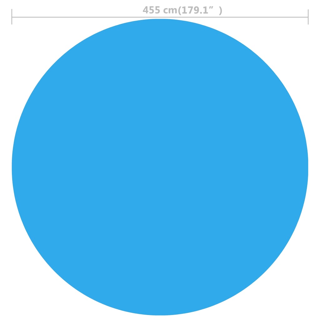 Blue 179-inch round PE solar pool film cover, shown with diameter measurement.