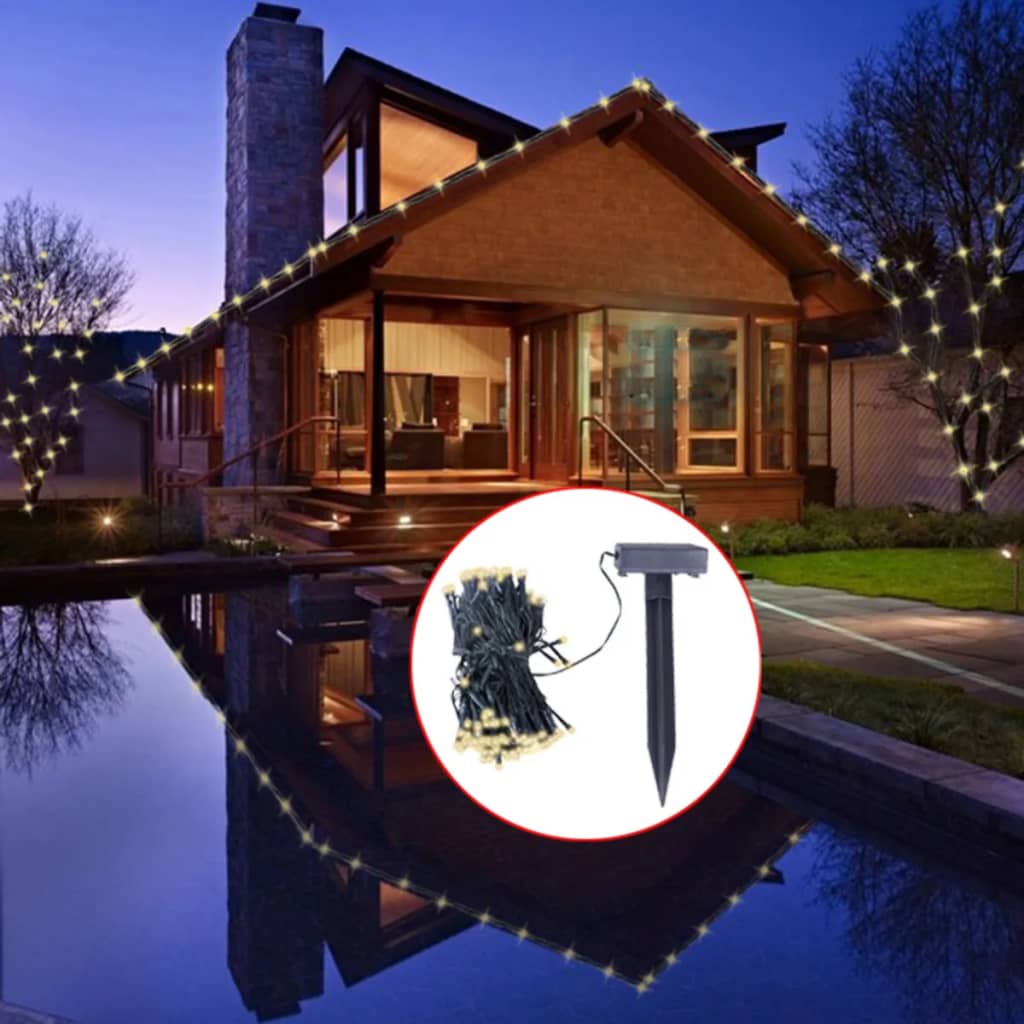 200 warm white LED solar string lights on 78.7ft strand with ground stake.
