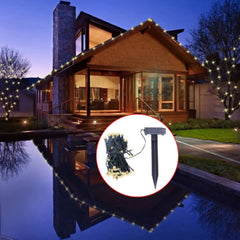 200 warm white LED solar string lights on 78.7ft strand with ground stake.