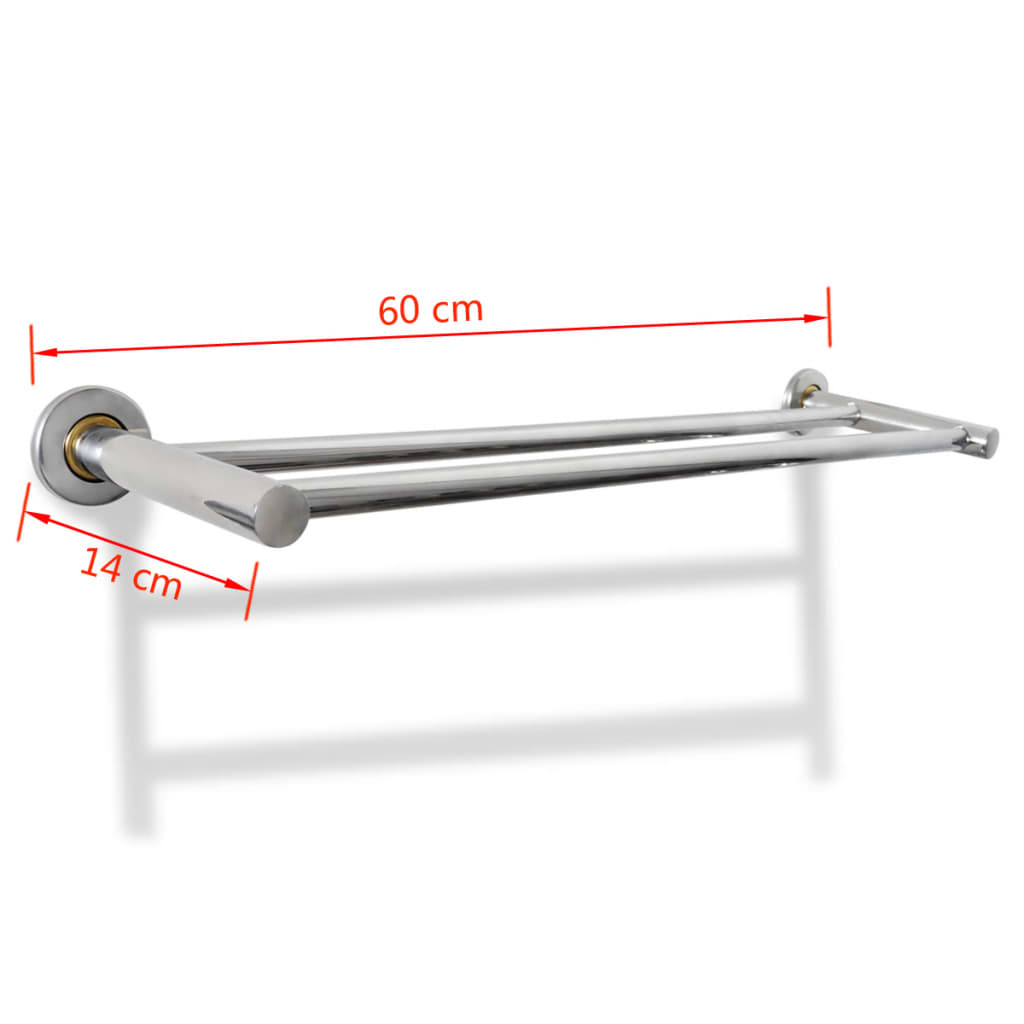 Stainless steel 2-tube towel rack, 60 cm wide and 14 cm deep, wall-mounted.