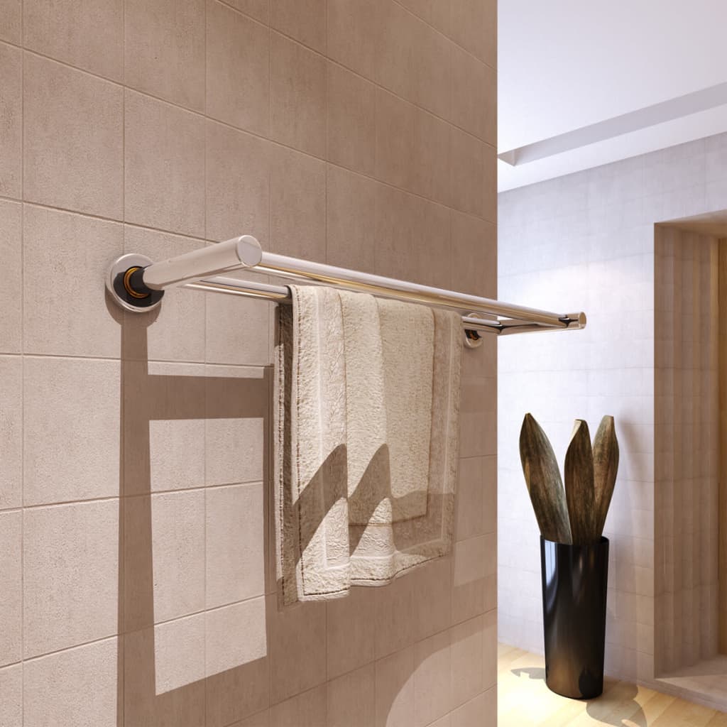 Stainless steel 2-tube towel rack, 23.6 inches wide, mounted on bathroom wall with towels hanging.