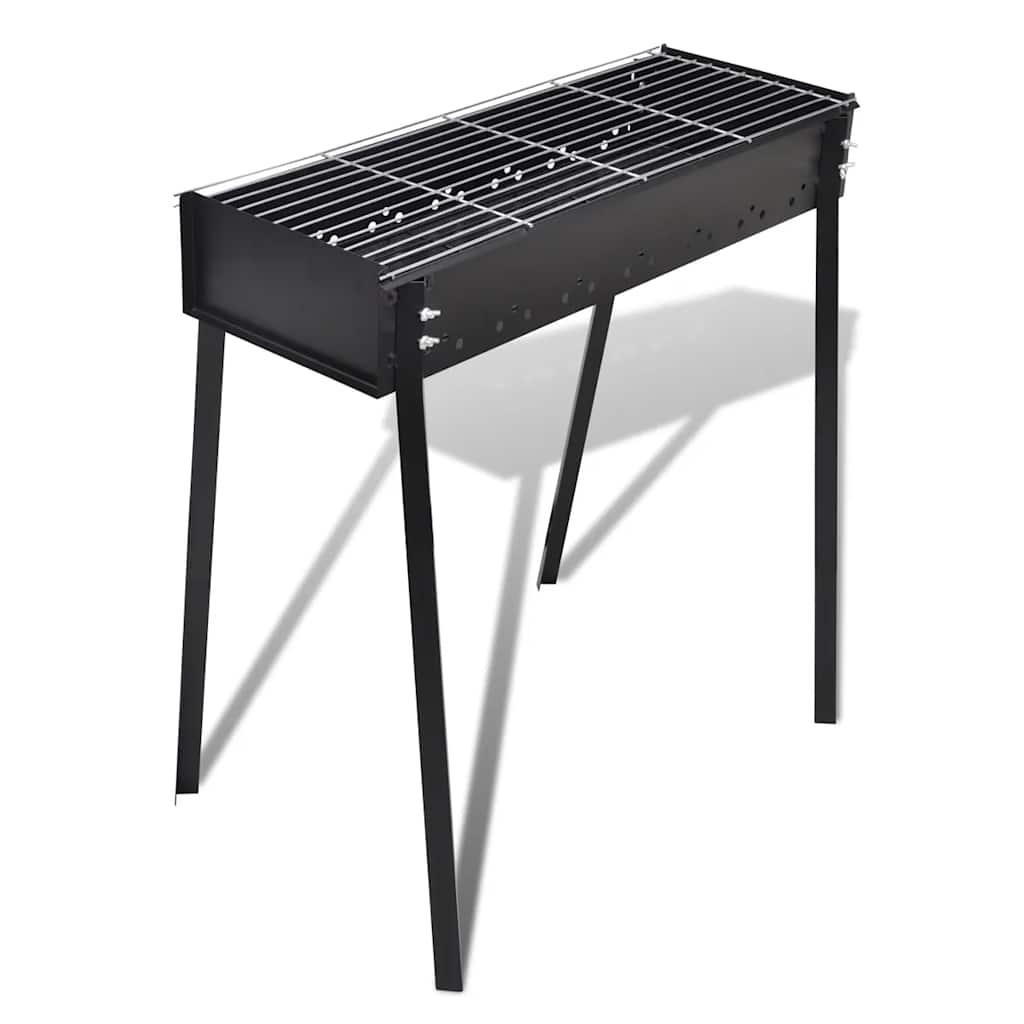 Compact black steel charcoal BBQ stand with 30x11 inch square grill grate and four legs.